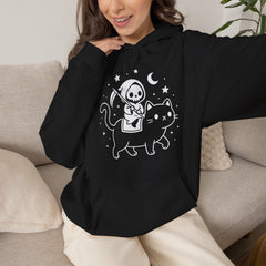Cute Kawaii Grim Reaper Riding Black Cat Halloween Line Art Hoodie