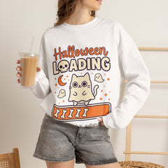 Halloween Loading Please Wait Cute Ghost Cat Purple Crewneck Sweatshirt