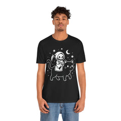 Cute Kawaii Grim Reaper Riding Black Cat Halloween Line Art T-Shirt