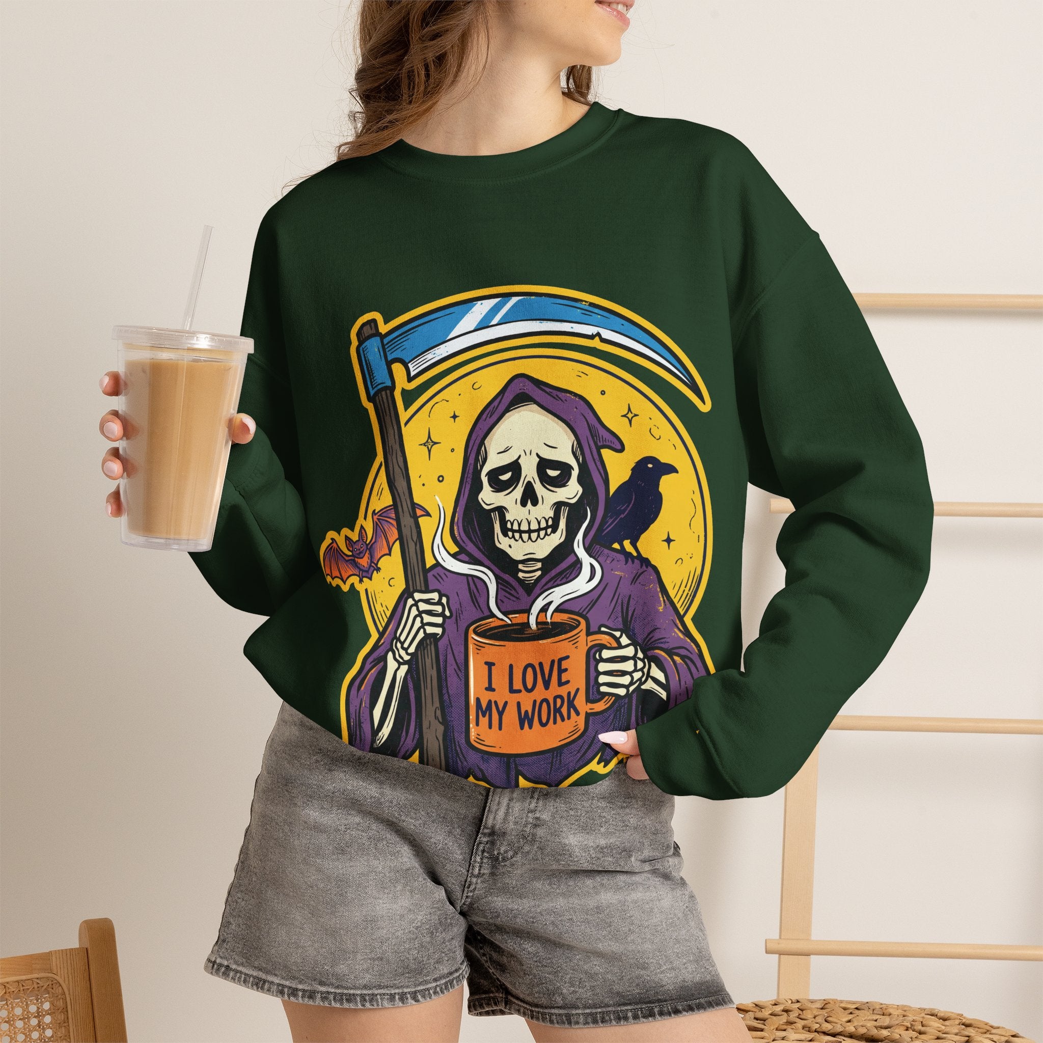 Funny Grim Reaper I Love My Work Coffee Retro Crewneck Sweatshirt