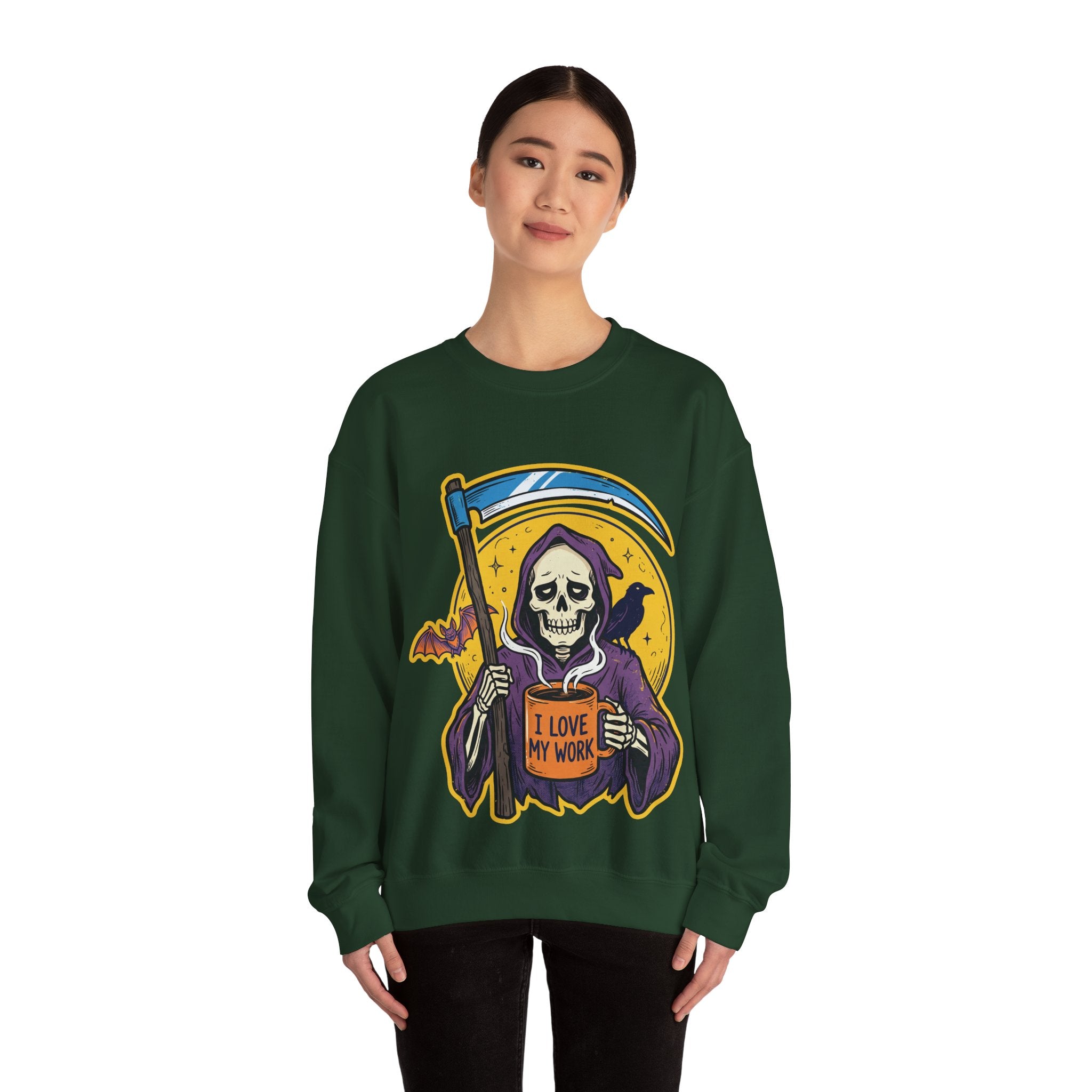 Funny Grim Reaper I Love My Work Coffee Retro Crewneck Sweatshirt