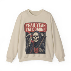 Funny Grim Reaper Yeah Yeah I'm Coming But First Coffee Crewneck Sweatshirt