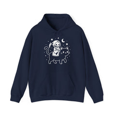 Cute Kawaii Grim Reaper Riding Black Cat Halloween Line Art Hoodie