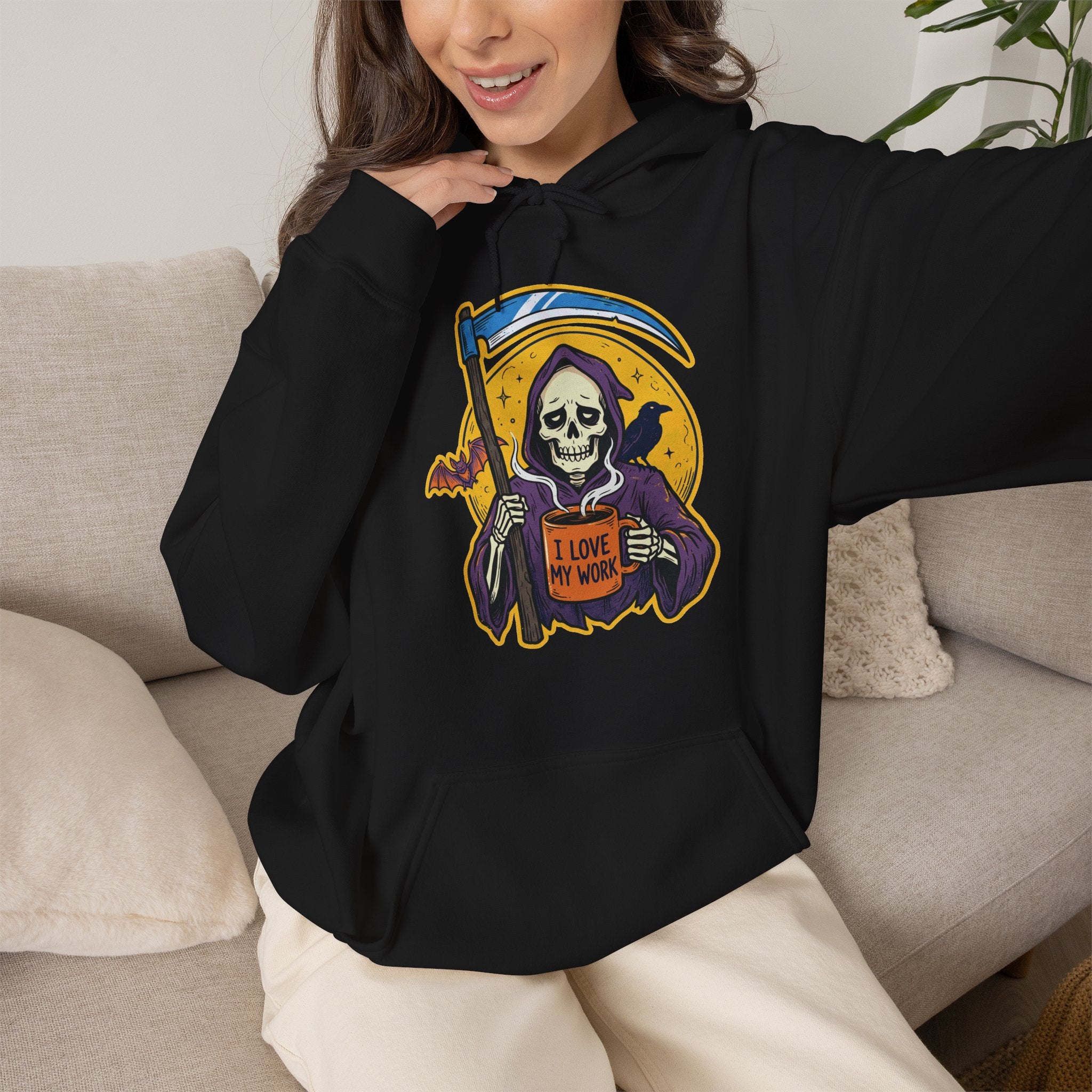 Funny Grim Reaper I Love My Work Coffee Retro Hoodie