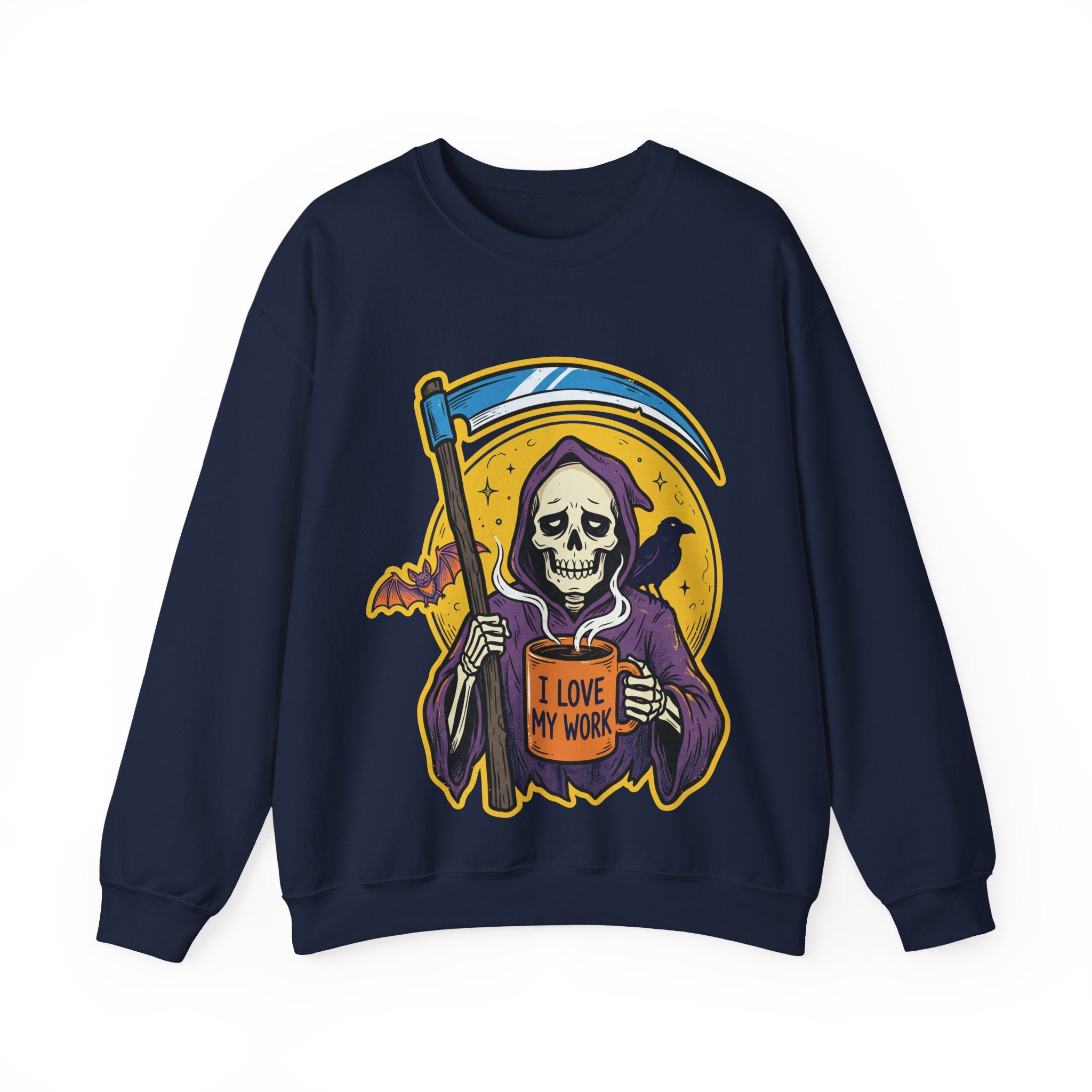Funny Grim Reaper I Love My Work Coffee Retro Crewneck Sweatshirt