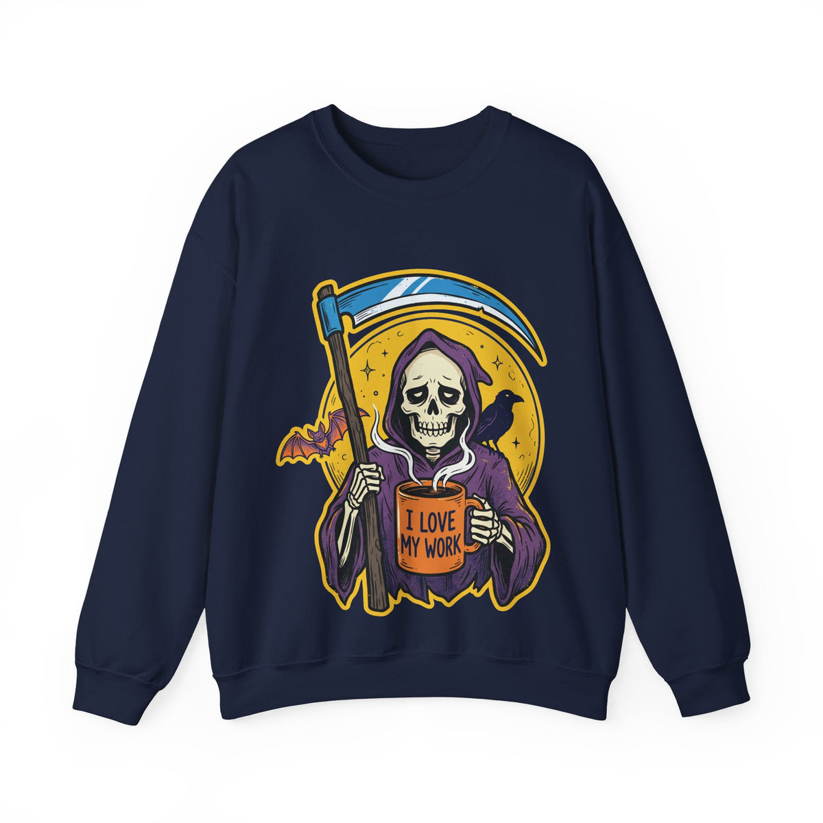 Funny Grim Reaper I Love My Work Coffee Retro Crewneck Sweatshirt