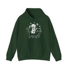 Cute Kawaii Grim Reaper Riding Black Cat Halloween Line Art Hoodie
