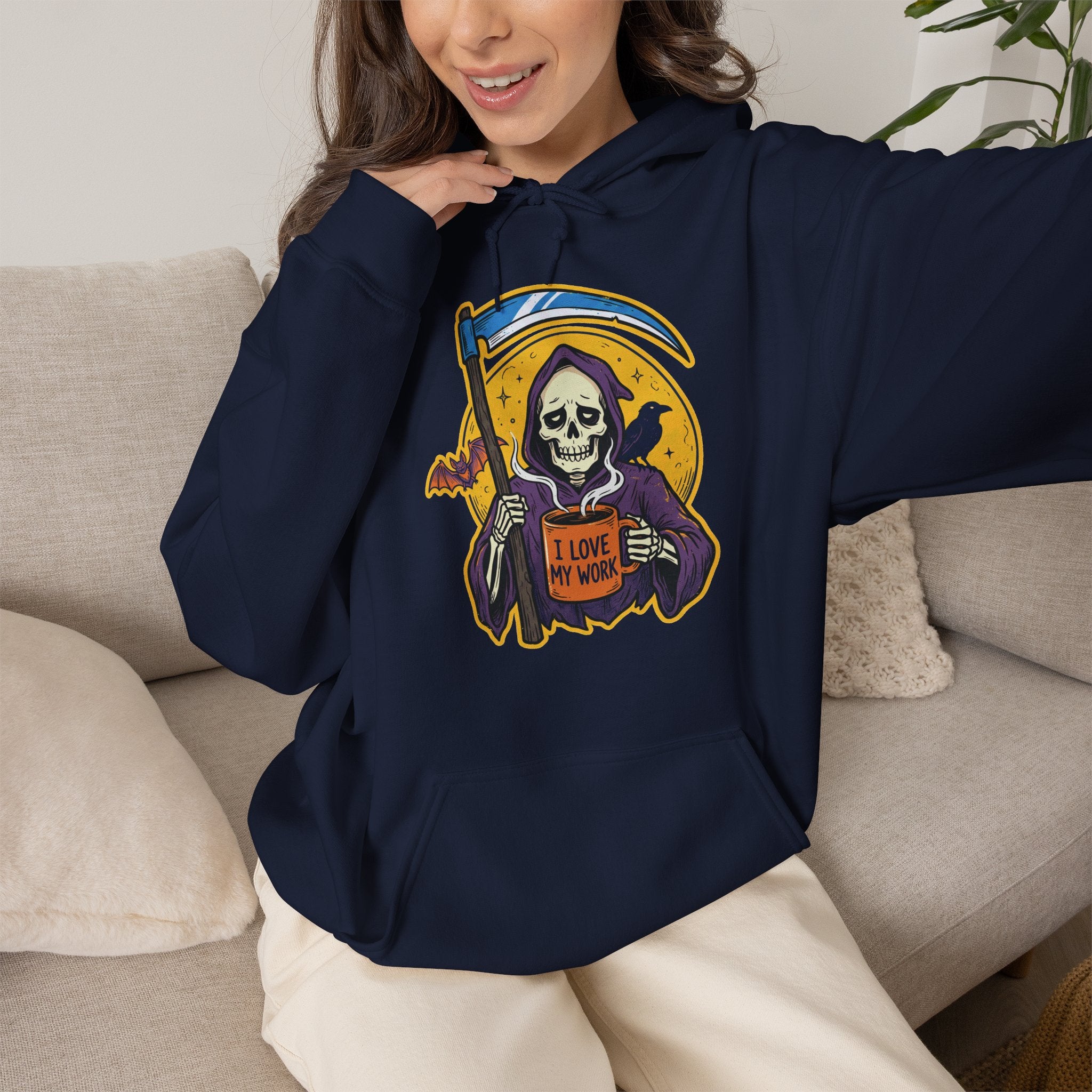 Funny Grim Reaper I Love My Work Coffee Retro Hoodie