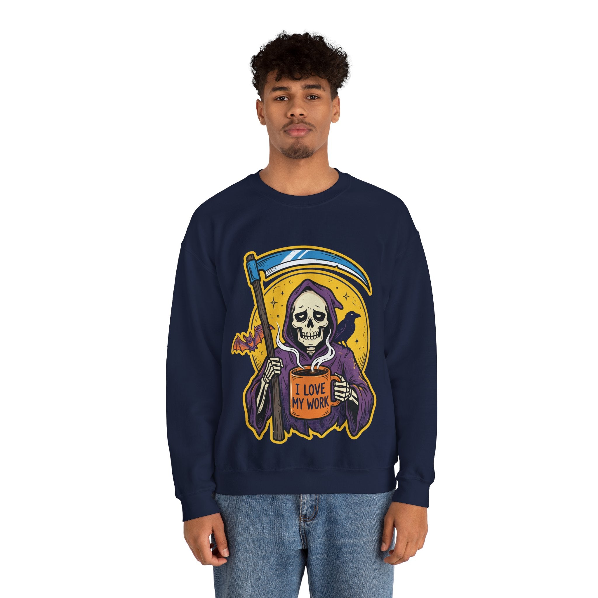 Funny Grim Reaper I Love My Work Coffee Retro Crewneck Sweatshirt