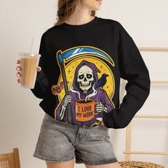 Funny Grim Reaper I Love My Work Coffee Retro Crewneck Sweatshirt