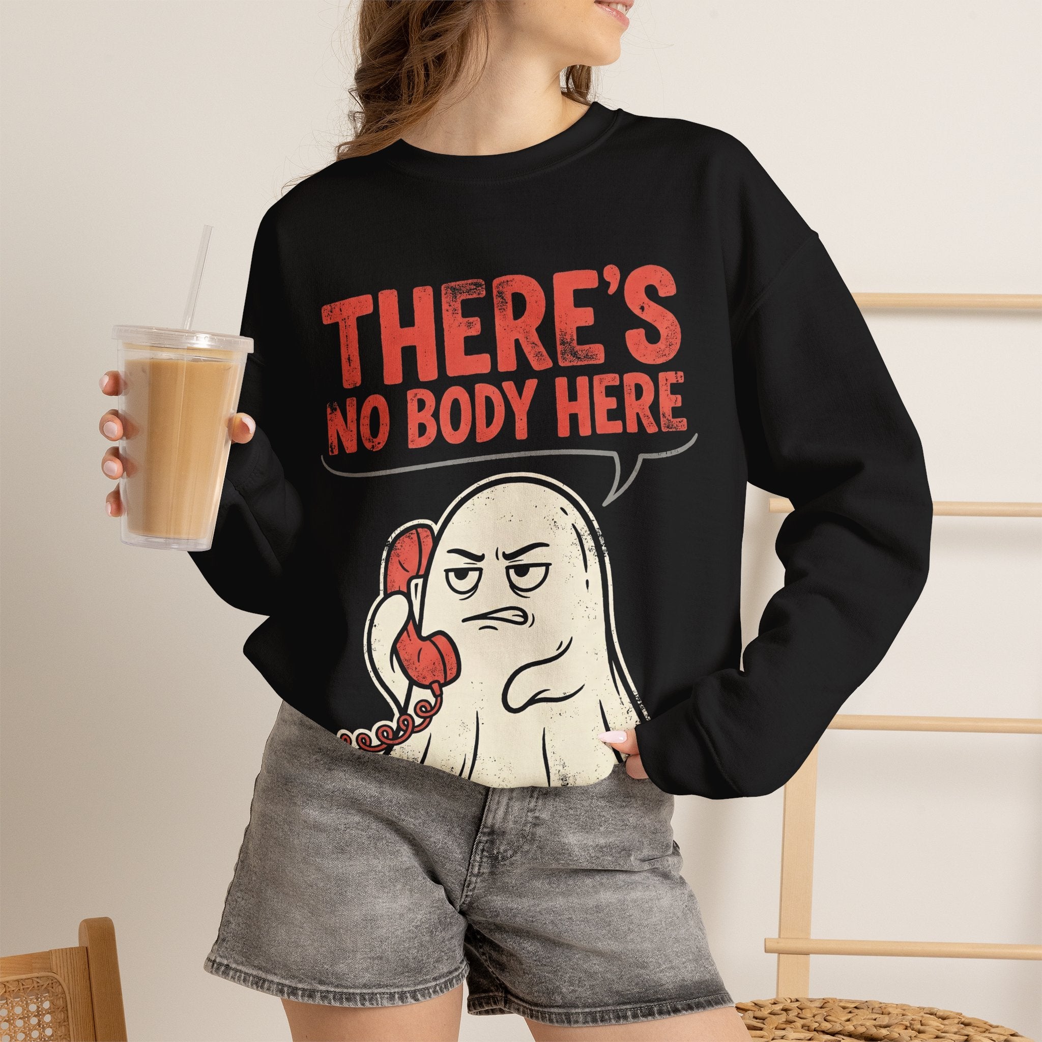 Funny Ghost There's No Body Here Phone Retro Crewneck Sweatshirt