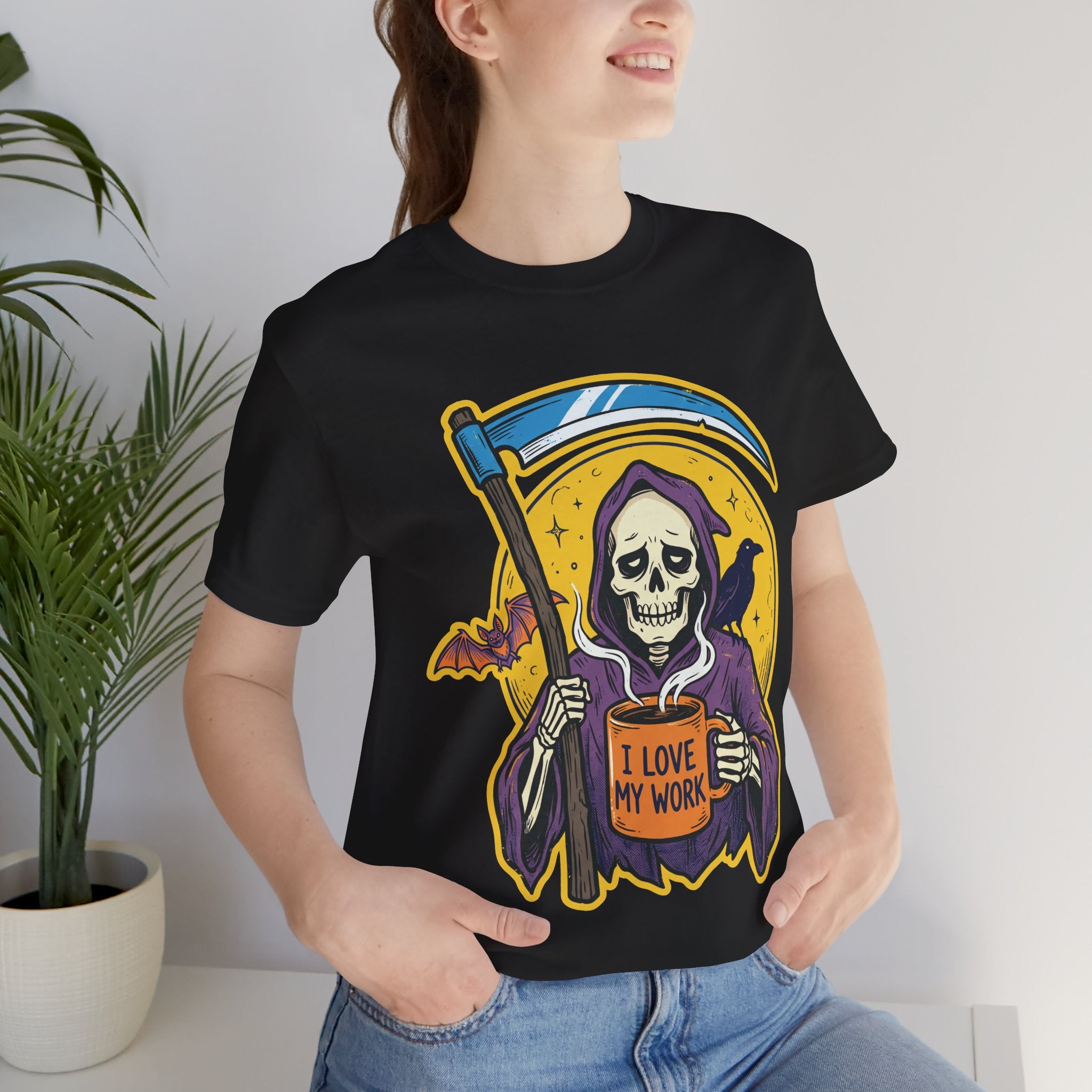 Funny Grim Reaper I Love My Work Coffee Retro T-Shirt