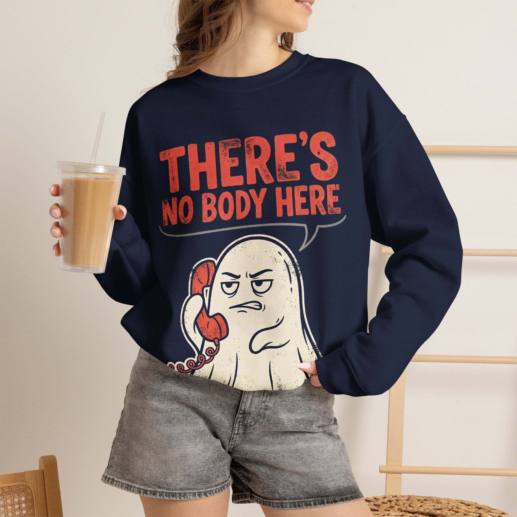 Funny Ghost There's No Body Here Phone Retro Crewneck Sweatshirt