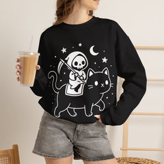 Cute Kawaii Grim Reaper Riding Black Cat Halloween Line Art Crewneck Sweatshirt