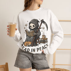 Funny Grim Reaper Read In Peace Book Cat Crewneck Sweatshirt