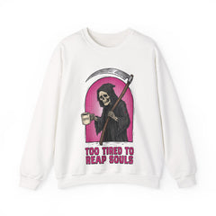 Funny Grim Reaper Too Tired To Reap Souls Coffee Crewneck Sweatshirt