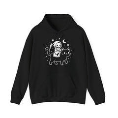Cute Kawaii Grim Reaper Riding Black Cat Halloween Line Art Hoodie