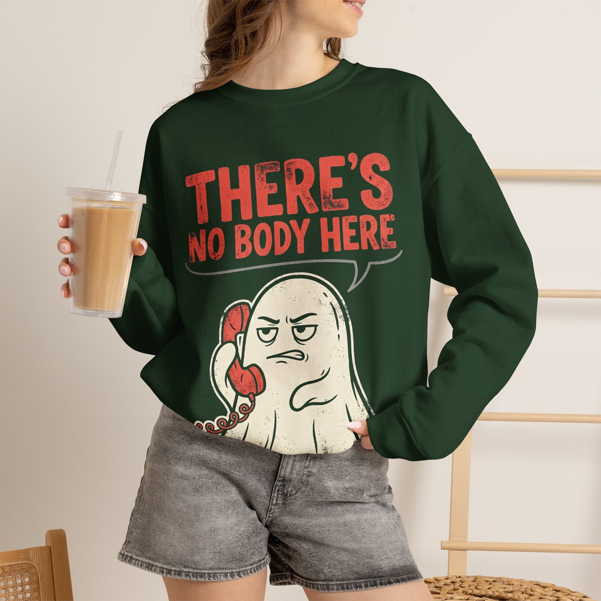 Funny Ghost There's No Body Here Phone Retro Crewneck Sweatshirt