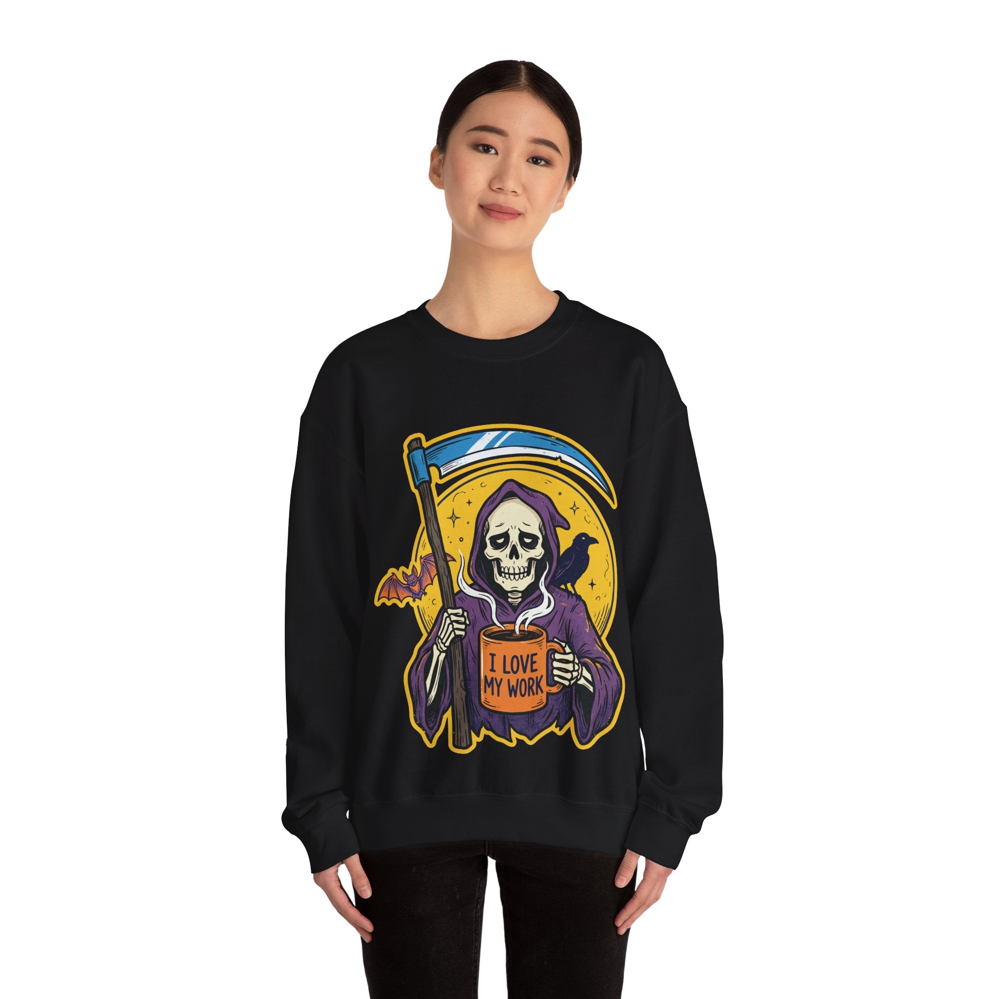 Funny Grim Reaper I Love My Work Coffee Retro Crewneck Sweatshirt