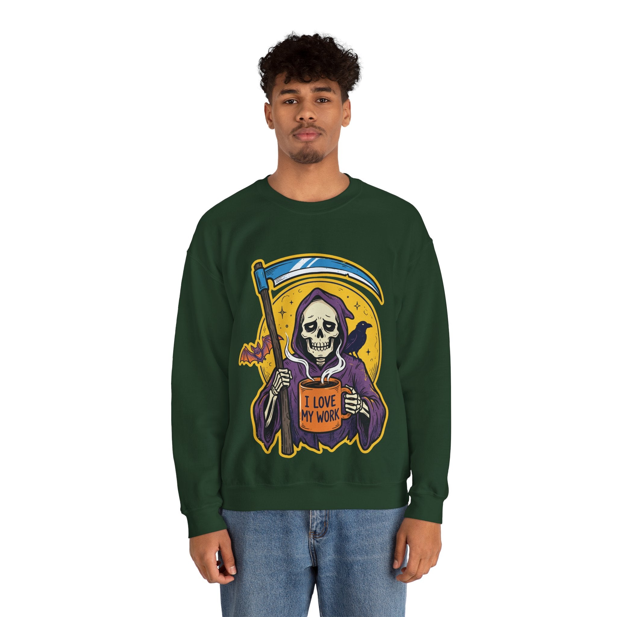 Funny Grim Reaper I Love My Work Coffee Retro Crewneck Sweatshirt